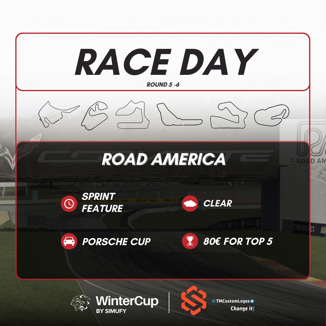 WinterCup 2024! 

Round 5/6, nos vamos a Road America con el porsche cup y una carrera a 2 mangas que promete dar espectáculo.
A partir de las 22:00 en twitch.tv/rinconracingtv

#WCUP24
<a href="/simufy/">Simufy</a> <a href="/TMCustomLogos/">TMCustomLogos</a>