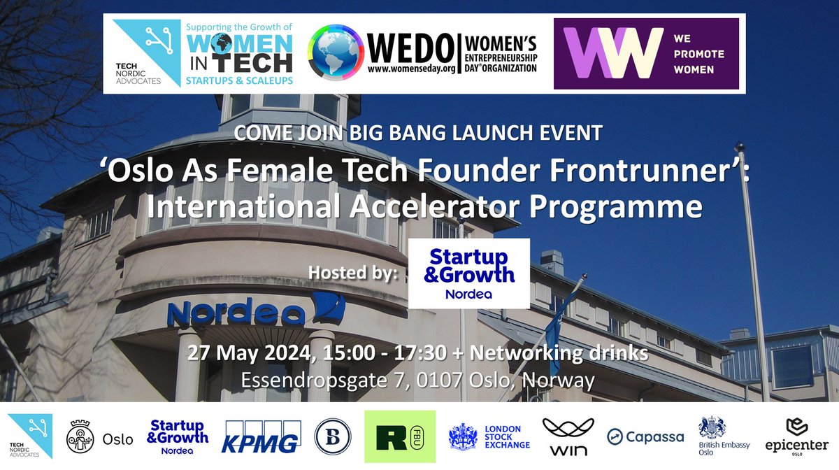 🇧🇻 Launch Event News! Sharing our BIG BANG 💥 launch of the 'Oslo as Female Tech Founder Frontrunner' programme! Join us at @Nordea Startup & Growth on May 27th, between 15:00-17:30 (+ Networking Drinks) at Essendropsgate 7, in #Oslo - buff.ly/3w2fEUw