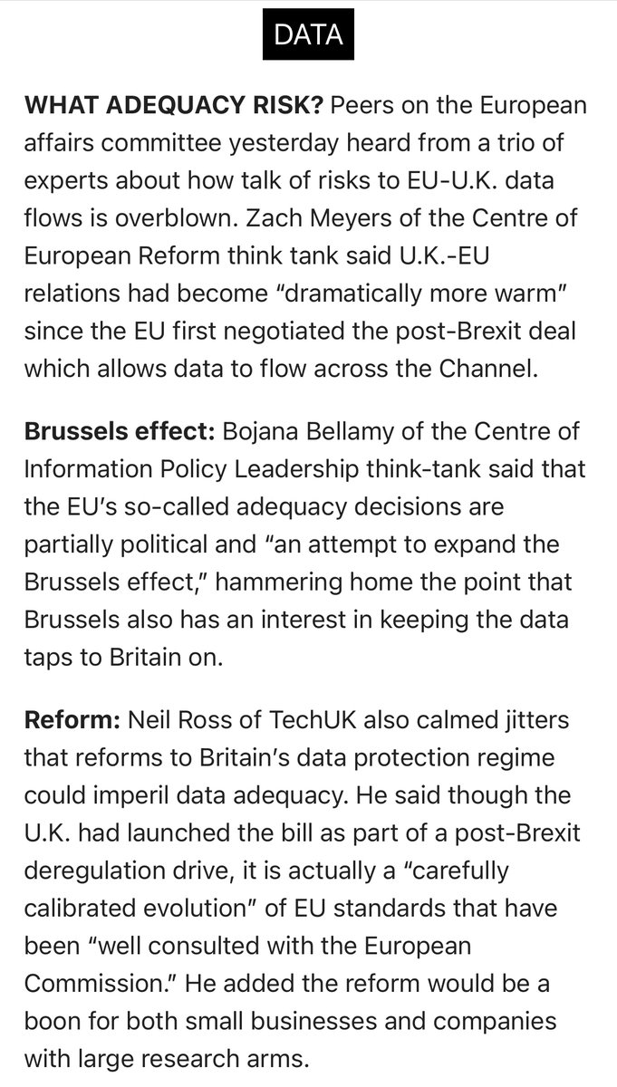 Pleased to join @LordsEUCom to talk data adequacy. Across the inquiry there is a growing concensus that the UK has done enough to maintain EU adequacy while seeking sensible reform of the GDPR. Watch and see a short summary from @POLITICOEurope 👇👇 committees.parliament.uk/event/21065/fo…