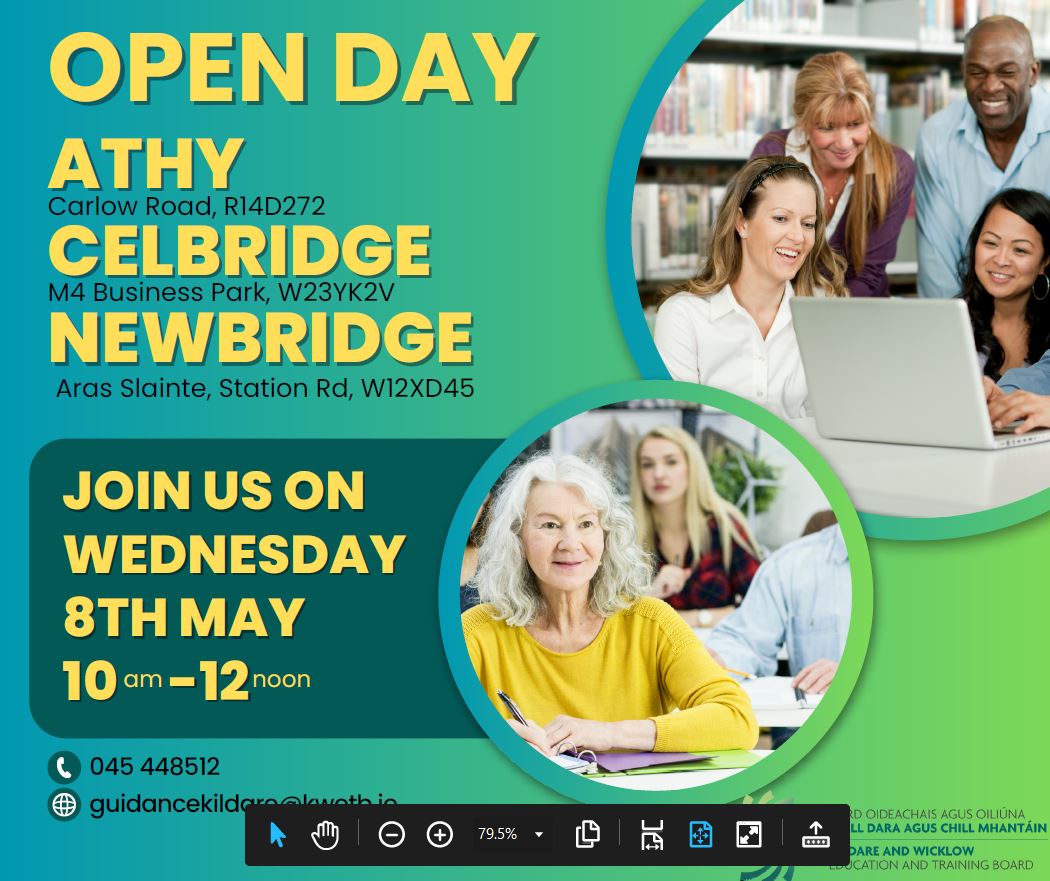 Would you like to upskill or reskill? Come along to our Open Days in Celbridge, Newbridge, Athy on Wednesday 8th May for more information on new courses starting in the Autumn @KWETB @SOLASFET @FETRC_DCU @FETColleges_IE @LeadwithKWETB @Thisisfet #KWETB #courses #skills