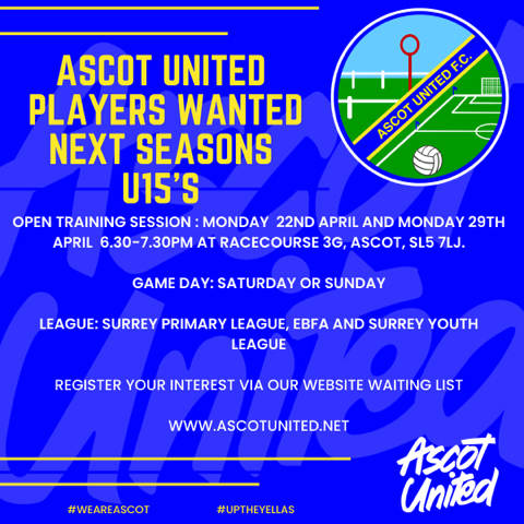 NEXT SEASON'S ASCOT UNITED U15'S ARE LOOKING FOR PLAYERS! 🚨

They have teams on both Saturday and Sunday.

Register your interest via our website ascotunited.net 👈🏻

#WeAreAscot #UpTheYellas 💛💙