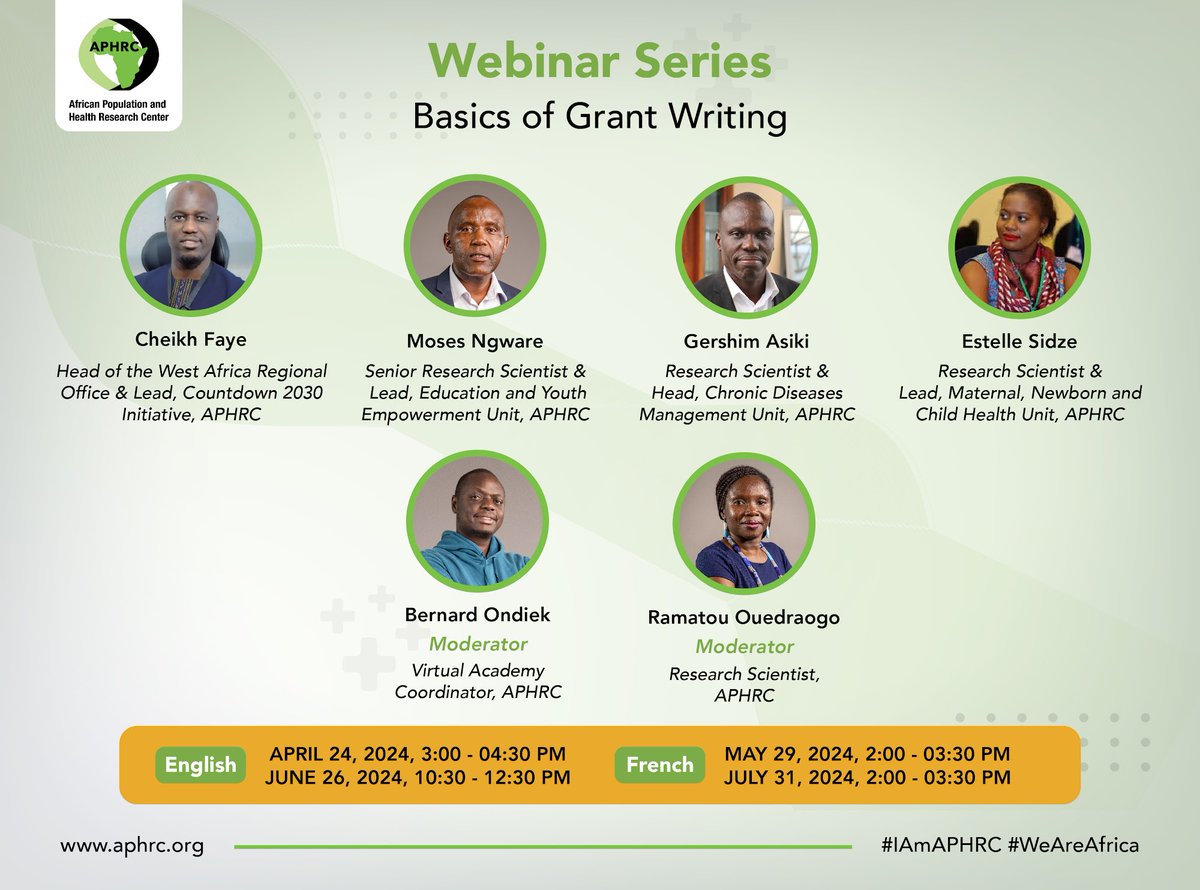 Webinar Announcement🔊. The Afrique Research Support Hub project is conducting a series of webinars on the basics of grant writing. Register here to participate: bit.ly/3JkOYkY #IAmAPHRC #WeAreAfrica #APHRCResearch