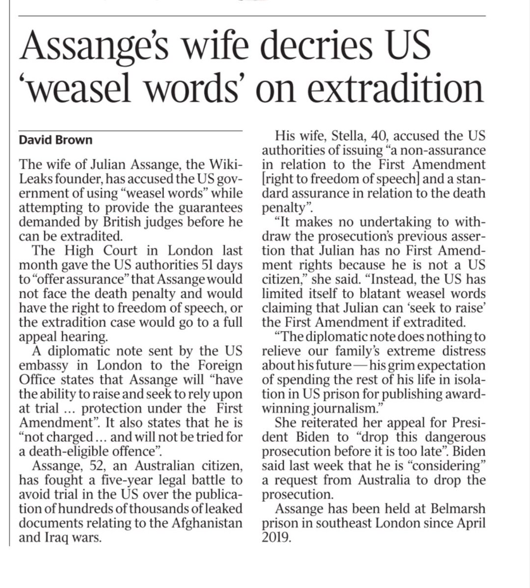 ‘Assange’s wife decries US ‘weasel words’ on extradition’ | @thetimes #LetHimGoJoe #FreeAssangeNOW