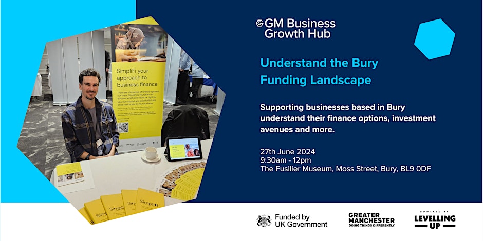 Don't forget to Register your FREE place at the upcoming: Simplifi - Understand the Bury Funding Landscape Event!

- Thu, 27th Jun 2024 09:30 - 12:00 - The Fusilier Museum, Moss Street, Bury, BL9 0DF

eventbrite.co.uk/e/simplifi-und… @BizGrowthHub