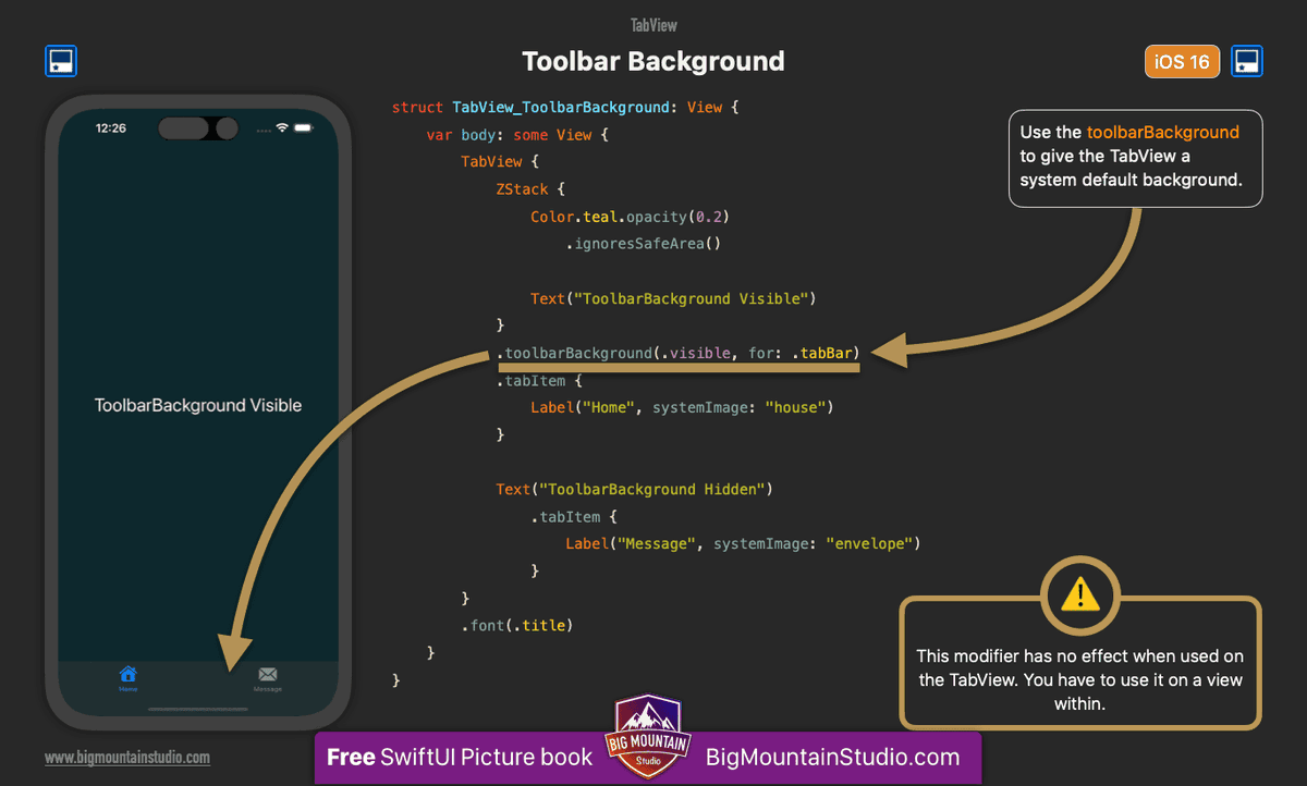 ❓How do I add the system background to my TabView in #SwiftUI? 💡Use the toolbarBackground modifier to make it visible again. 📕From SwiftUI Views Mastery picture book. 🤔Do you prefer a TabView with or without a background?