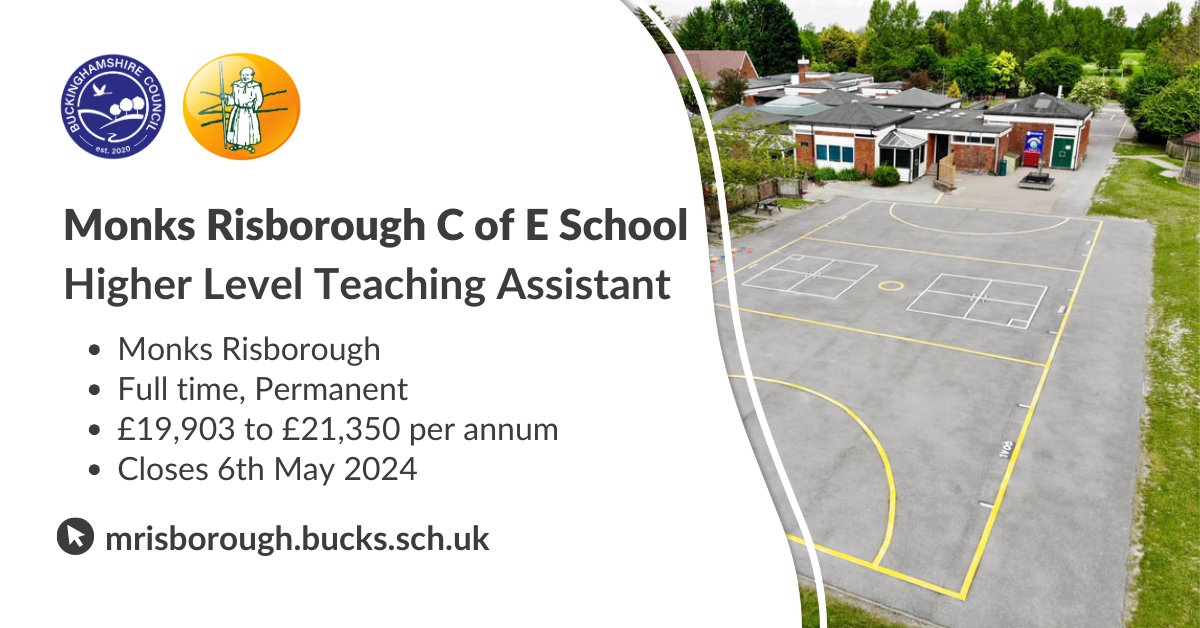 Monks Risborough CE School seek a Higher-Level Teaching Assistant. You will be enthusiastic about learning to help support groups of pupils and individuals in all aspects of school life. Find out more: ow.ly/qJnx50RhXr4

#TeachingAssistants #HigherLevel #JobsinSchools