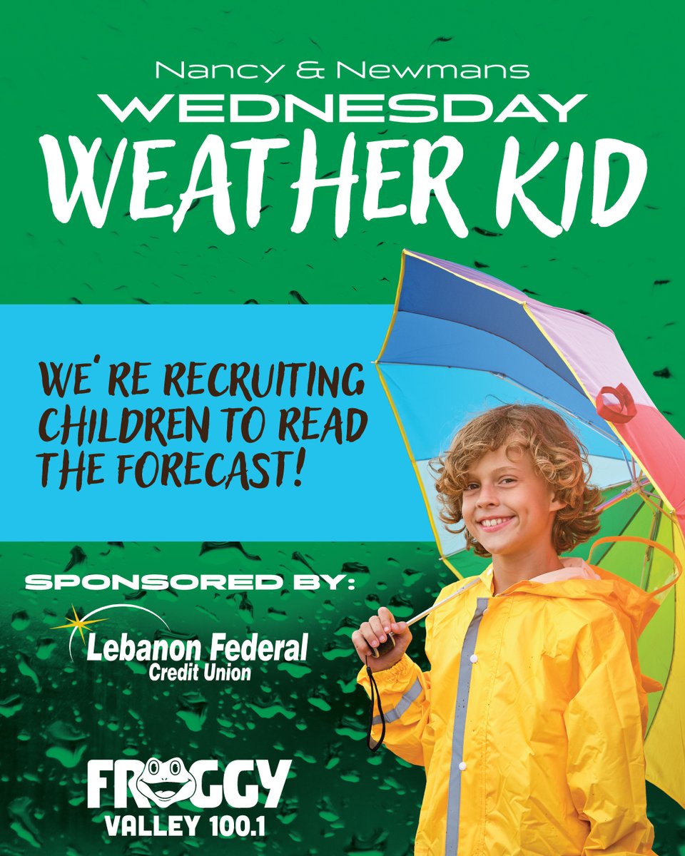 Time for The Wednesday Weather Kid brought to you by @LebanonFCU! Listen every Wednesday morning when one lucky child gets to read the weather forecast with @NancyandNewman! You can sign your child up at myfroggyvalley.com/2024/02/22/wed…!