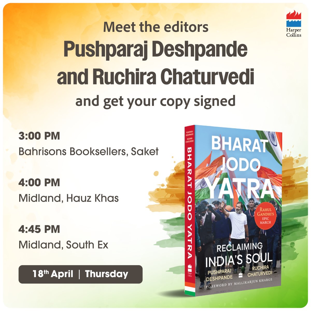 #Delhi readers, @PushparajVD and @RuchiraC will be signing copies of their edited anthology of essays on the #BharatJodoYatra on 18th April. Find them at your local bookstores and get your own signed copy! @Bahrisons_books @midlandbook @midlandsouthex