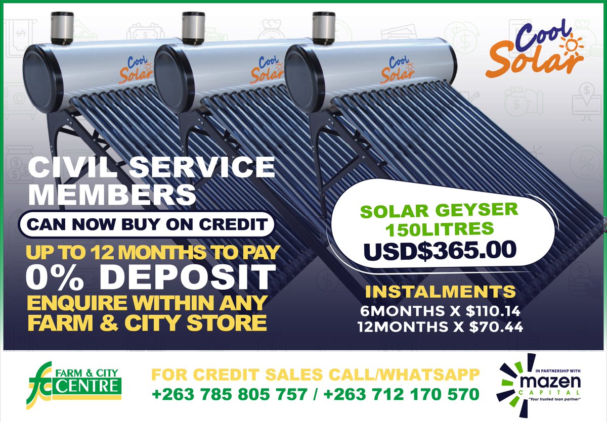 Beat this chilly weather and get this 150litre solar geyser from Farm & City Centre on credit.

For more information Call/WhatsApp on 0785 805 757 or 0712 170 570

#yourtrustedloanpartner #GovernmentServices #Pensioners #governmentpensioners #Zimbabwe #microfinance