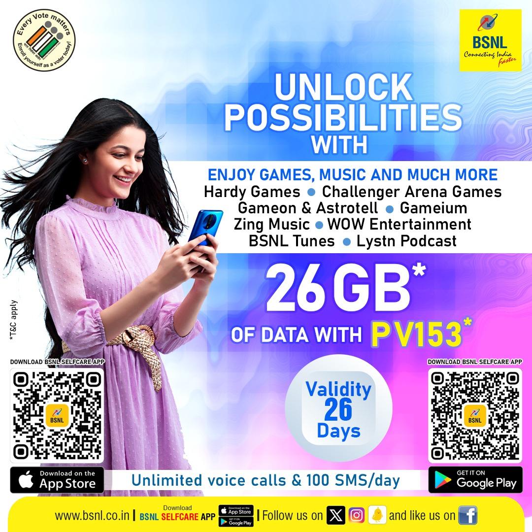 BSNLCorporate's tweet photo. Unlock possibilities with 26 GB of data. Enjoy Games, Music and much more with #PV153.
#RechargeNow: https://t.co/LReJCAz50R (For NZ,WZ & EZ), https://t.co/EDVGQGw9hO (For SZ)
#BSNL #BSNLRecharge #HappyRamNavami #RamNavami2024 https://t.co/YL6R6CXIgc