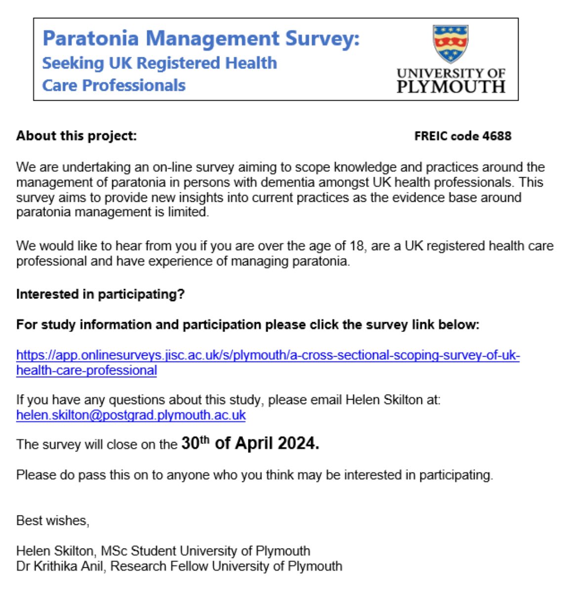 Are you a health professional with experience in paratonia management? We'd love to hear from you, check out our short survey! For information and participation: app.onlinesurveys.jisc.ac.uk/s/plymouth/a-c… @ACPIN_UK @CSPsouthwest @SWresearchGO @OfficialCAHPR