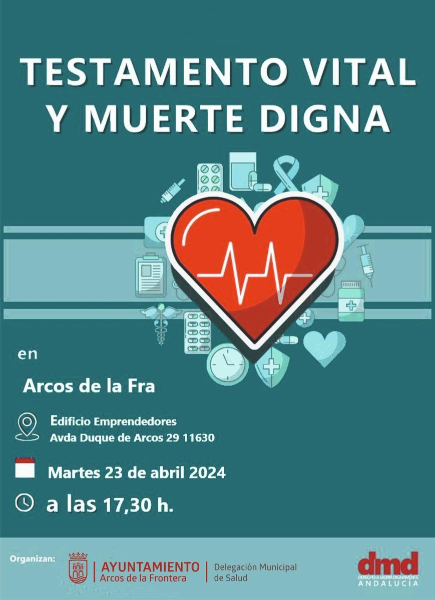AndaluciaRELAS's tweet photo. #SaludPúblicaAndalucía #ArcosRELAS
Preparémonos para vivir la vida y para saber afrontar el final: "Testamento Vital y muerte digna"
📆23 ABRIL 17:30 H
#PlanLocaldeSalud #localizarlasalud
@saludand
@VidaSaludAnd
@ags_nortecadiz
@EASPsalud
@subdireccion_y
@Jorge_delDiego
#RELASca https://t.co/0Cpv6n1w9t