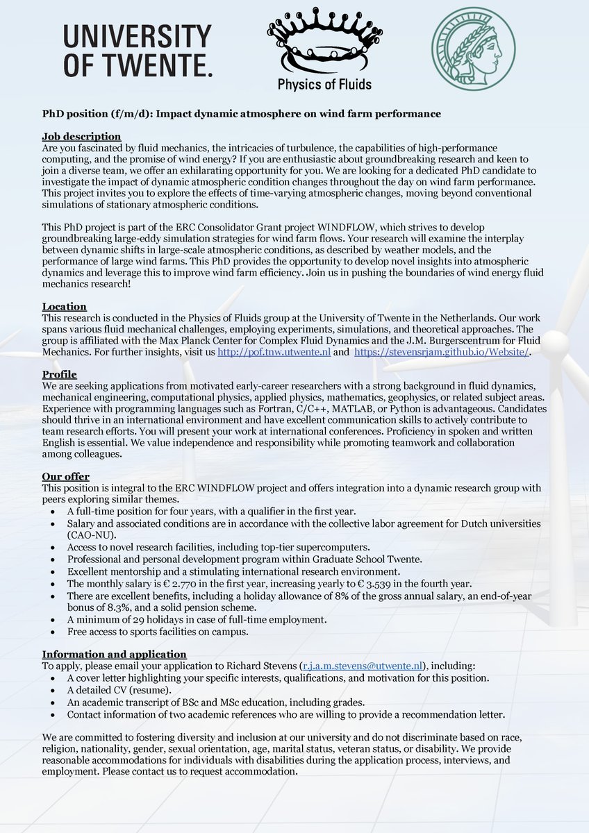 ✨ RTs appreciated!
Exciting opportunity for a #PhDCandidate to study impact of dynamic atmospheric variations on wind farm performance at <a href="/poftwente/">Physics of Fluids @ UTwente</a>, part of the <a href="/ERC_Research/">European Research Council (ERC)</a> project.

stevensrjam.github.io/Website/openin… 

#FluidMechanics #CFD #windenergy <a href="/PhDVoice/">PhD Voice - Independently Run</a> <a href="/PostdocVoice/">PostdocVoice</a>