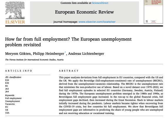 How far from full employment? Our paper in European Economic Review: based on unemployment-vacancy data, we find full employment episodes in EU countries during the 1970s. Labour markets became tighter when recovering from COVID-19, but few countries hit full employment. Thread: