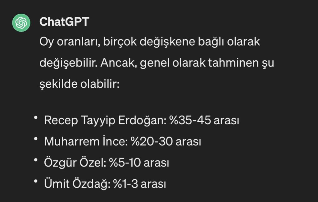 Yapay zekaya göre Cumhurbaşkanı Seçiminde tahmini oy oranları; 🟠 %35-45 Recep Tayyip Erdoğan 🔵 %20-30 Muharrem İnce 🔴 %5-10 Özgür Özel 🟢 %1-3 Ümit Özdağ