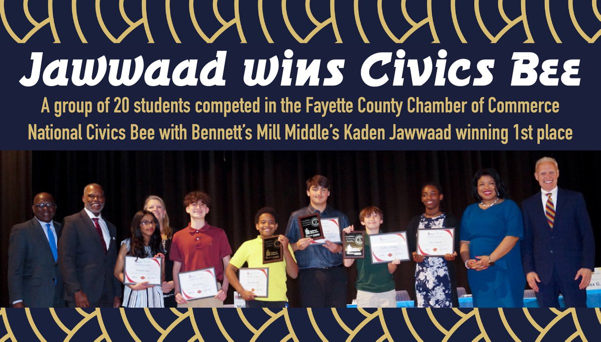 A group of 20 students competed in the Fayette County Chamber of Commerce National Civics Bee with Bennett’s Mill Middle student Kaden Jawwaad winning 1st place. bit.ly/3UaIM5o