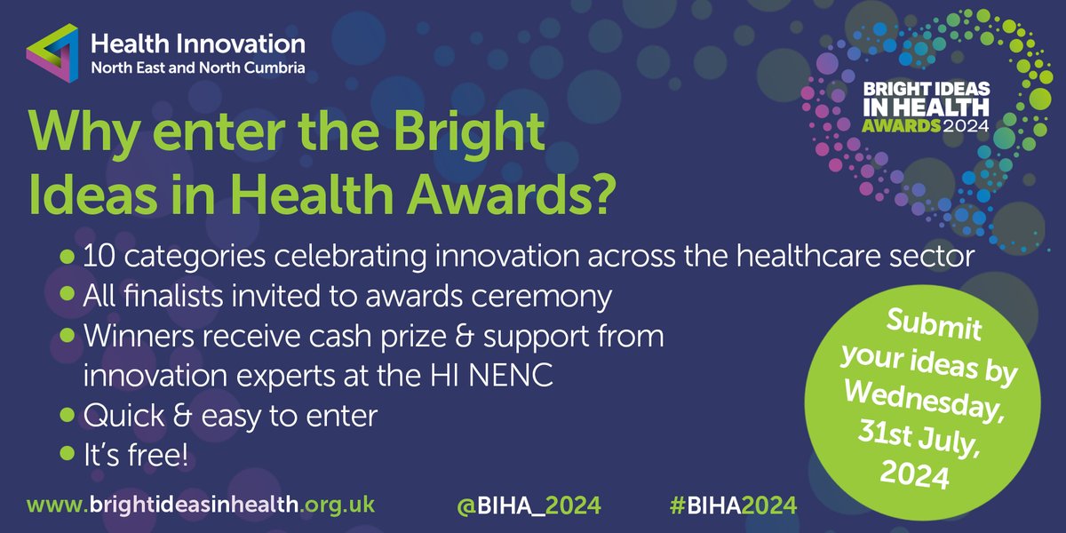 📣 Calling all health #innovators 📣 There are ten #BIHA2024 categories this year, with winners receiving a cash prize & support from innovation experts @HI_NENC to progress their ideas. Full details ⬇️ brightideasinhealth.org.uk/?utm_source=tw…