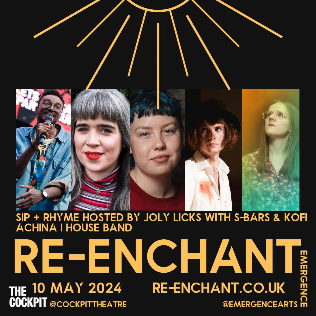 RE-ENCHANT A #SpokenWord Festival 7-12 May Day 4: Fri 10 May Sip + Rhyme hosted by @JolyLicks w/ S-Bars & @KofiAchina A performance & workshop event where you have the chance to share your work. House Band: Jessica Bullen & @Hallambio re-enchant.co.uk #ReEnchant