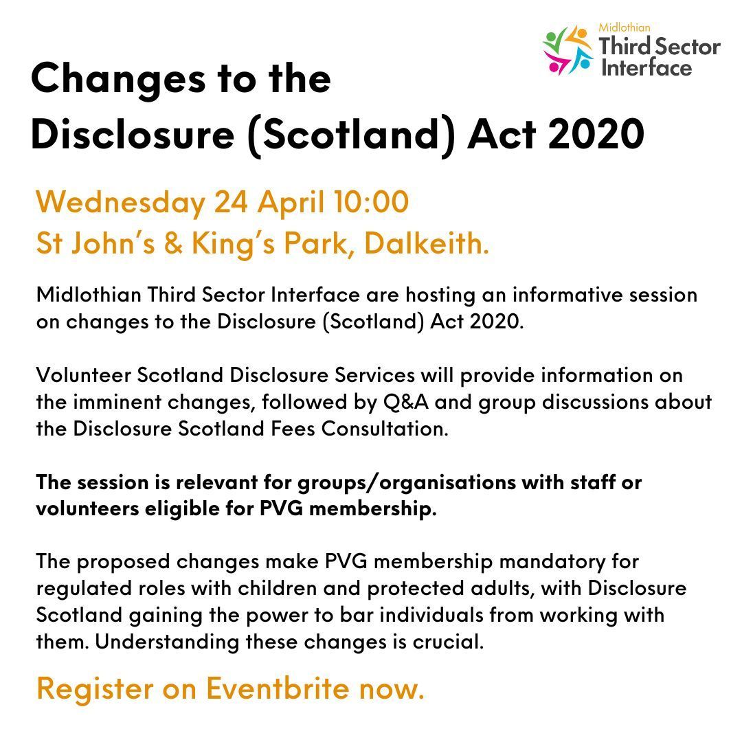 📢 Are you an org/group who delivers services in which staff and/or volunteers are eligible for PVG membership? Join us on Wednesday 24 April, 10:00 at St John's & Kings Park Church to learn about the changes to the Disclosure (Scotland) Act 2020.💬 bit.ly/3xxAlrQ