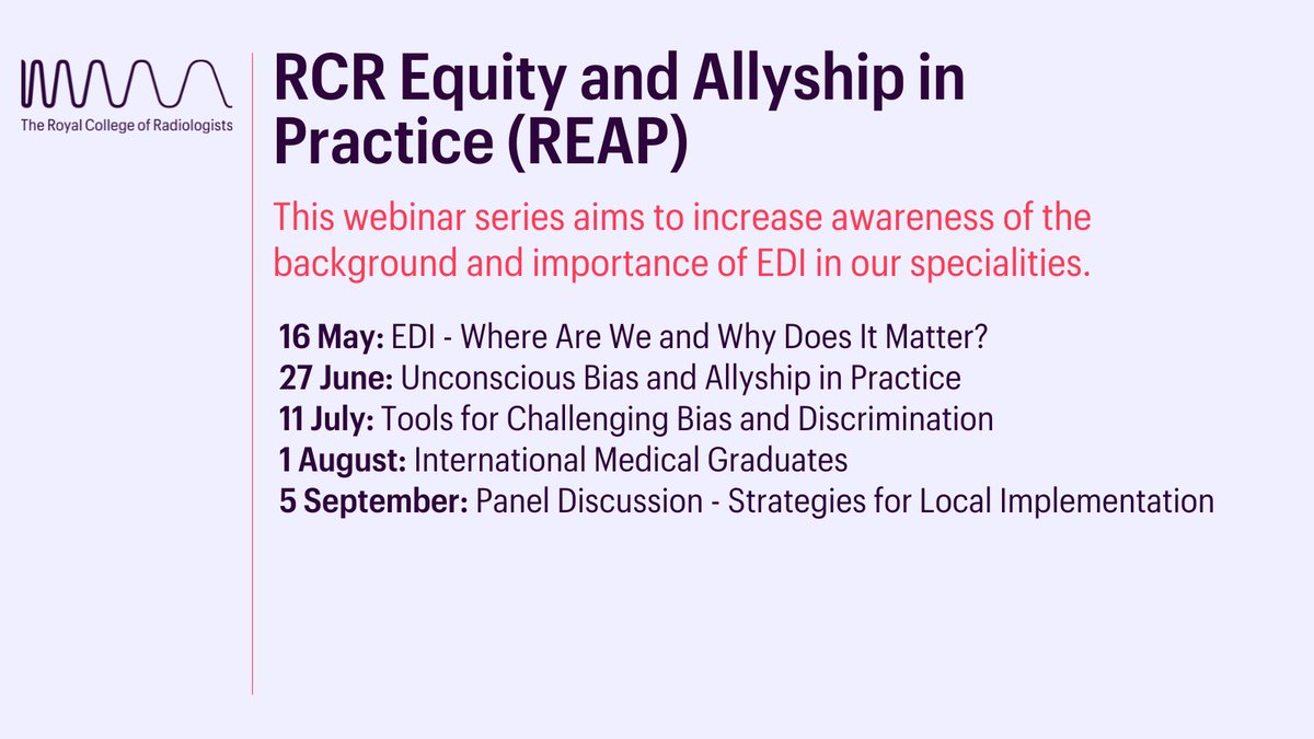 We’re inviting trainees to take part in our new REAP programme 💻

In the first of five virtual sessions, we’ll be discussing why diversity and inclusion are important in our specialties.

Learn more: rcr.ac.uk/cpd-and-events…