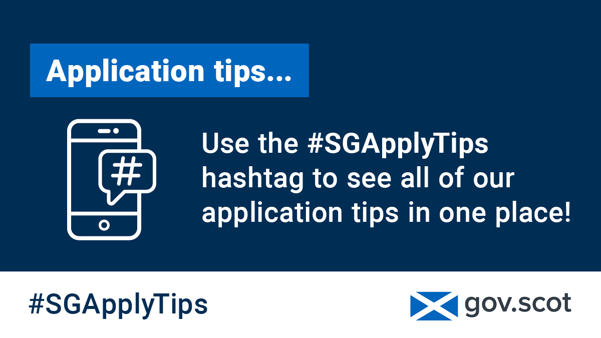 Search the #SGApplyTips hashtag to find all of our application tips in one place!

To search our vacancies, find out about pay and benefits, and learn about our mission and values, visit: work-for-scotland.org

#JobsInScotland #PublicSectorJobs