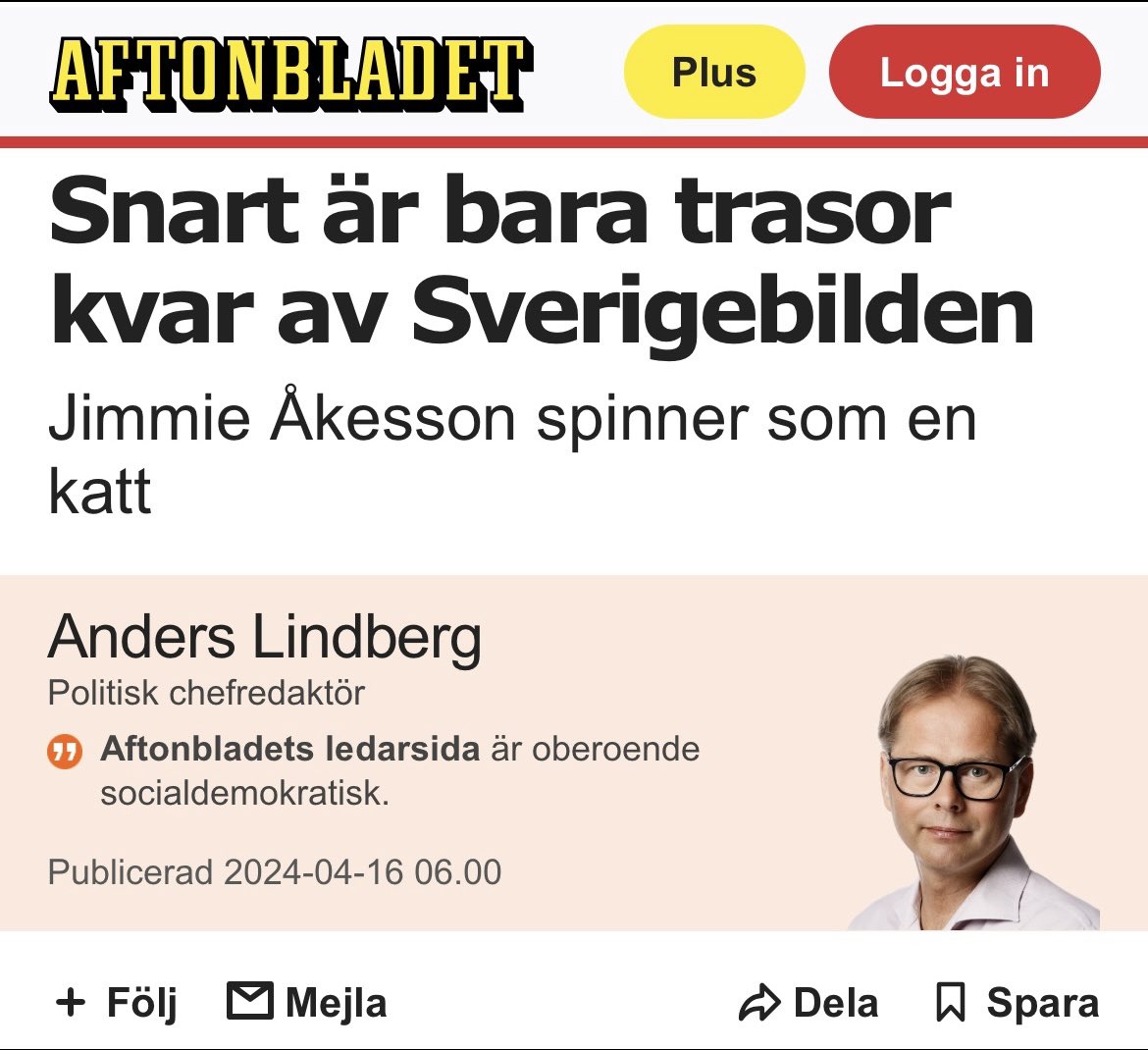 RichardJomshof's tweet photo. Karln (eller vad han nu identifierar sig som) är skvatt galen. Att ”Sverigebilden” har förändrats och att folkhemmet har raserats är ju hans fel. Det är socialisternas fel. De har, tillsammans med liberalerna, tvingat på Sverige mångkulturalism, massinvandring och islamisering. De har tryckt ned skiten i halsen på oss. De har ljugit, förnekat och skönmålat. De har angripit alla och envar som har försökt varna för följderna av deras vansinniga politik. Och nu när allt håller på att falla samman, försöker han skuldbelägga andra för misslyckandet han själv är ansvarig för. Det är inte lite fräckt. Karln är, minst sagt, skvatt galen.
