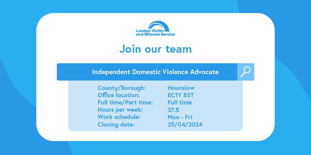 Are you looking to make a difference in the lives of victims and survivors? We’re looking for independent domestic violence advocates to join our team in London. Apply today: ow.ly/wSK450ReaC0 #London #CharityJob
