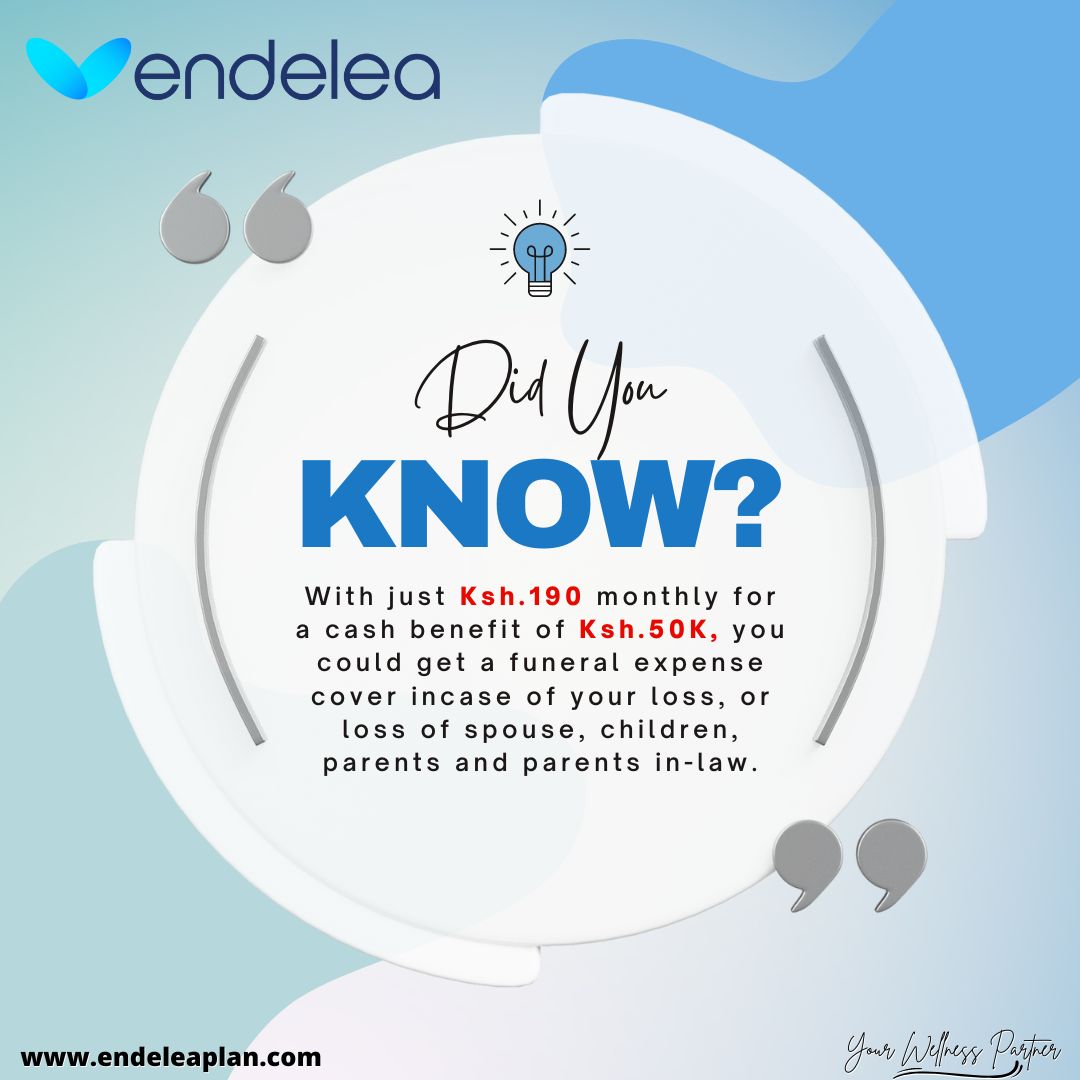EndeleaPlan's tweet image. Incase you didn't know at just Ksh.190 monthly (Ksh.50K benefit) you could get a funeral cover for yourself and family and add up to 9 dependants. Call, text or WhatsApp 0752806377 or 0748201428 for more details.

#YourWellnessPartner #FuneralExpenseCover #FuneralInsurance #Mpesa