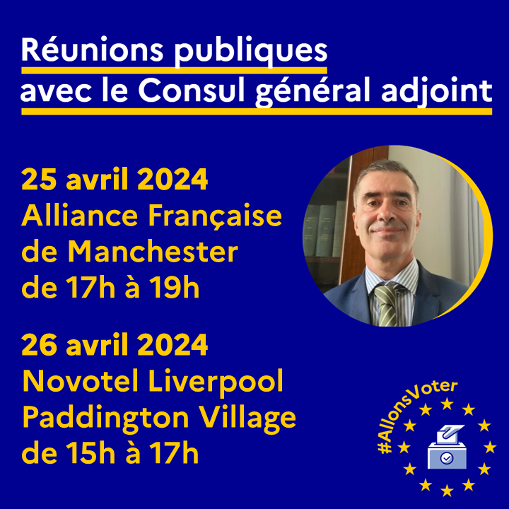 #Européennes2024 🗳️🇪🇺 📣 Réunions publiques d’information et d’échanges sur les enjeux du scrutin et les modalités de participation au vote du 9 juin Le Consul général adjoint sera à Manchester et Liverpool. Inscrivez-vous : 👉 framaforms.org/rencontre-avec… 👉 framaforms.org/rencontre-avec…