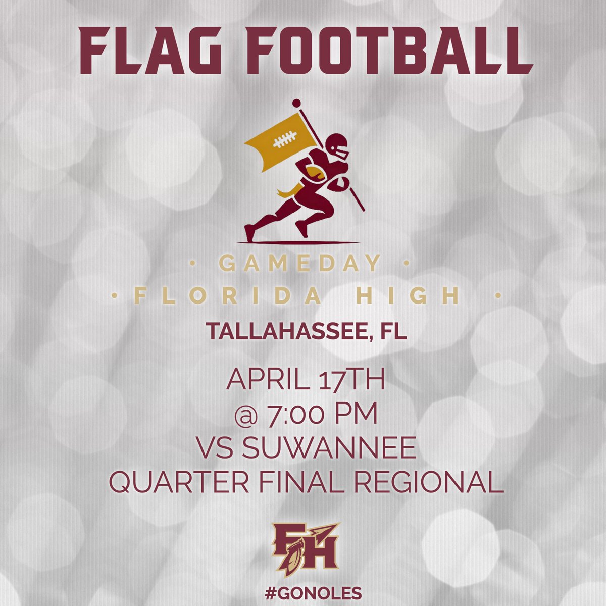 • Gameday • Florida High's Elite Flag Football team takes on Suwannee at home today. Support these athletes, Noles. Time: 7:00 PM Location: Florida High Tickets: $6 Link: gofan.co/event/1496391?…