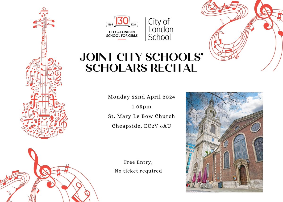 Join CLS and @CLSGgirls on Monday 22 April at @BowBellsChurch for our Joint Scholars Recital. Entry is free and you'll be treated to a lunchtime of wonderful music by our brilliant pupils #MusicatCLS