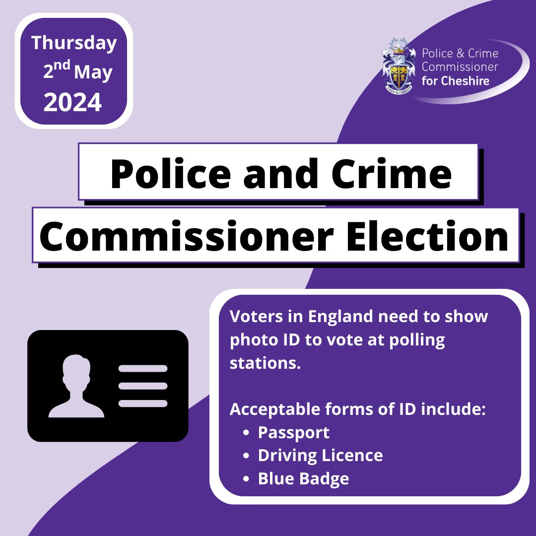 On Thursday 2 May the people of Cheshire will vote for their next Police and Crime Commissioner (PCC). Don’t forget to take your photo ID with you to the polling station. Find out more 👉 orlo.uk/Ya6M9 Deadlines for applications for free voter ID is 5pm on 24 April.