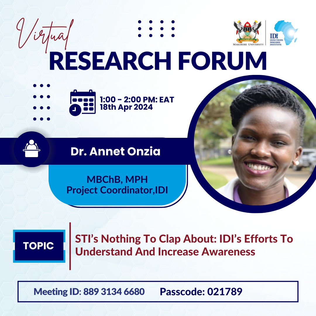 Don't miss our virtual research forum happening tomorrow at 1 PM! Dr Annet Onzia will discuss IDI's efforts to understand and raise awareness about STIs. To be part: shorturl.at/bgnES #ResearchForum #STIAwareness #PublicHealth