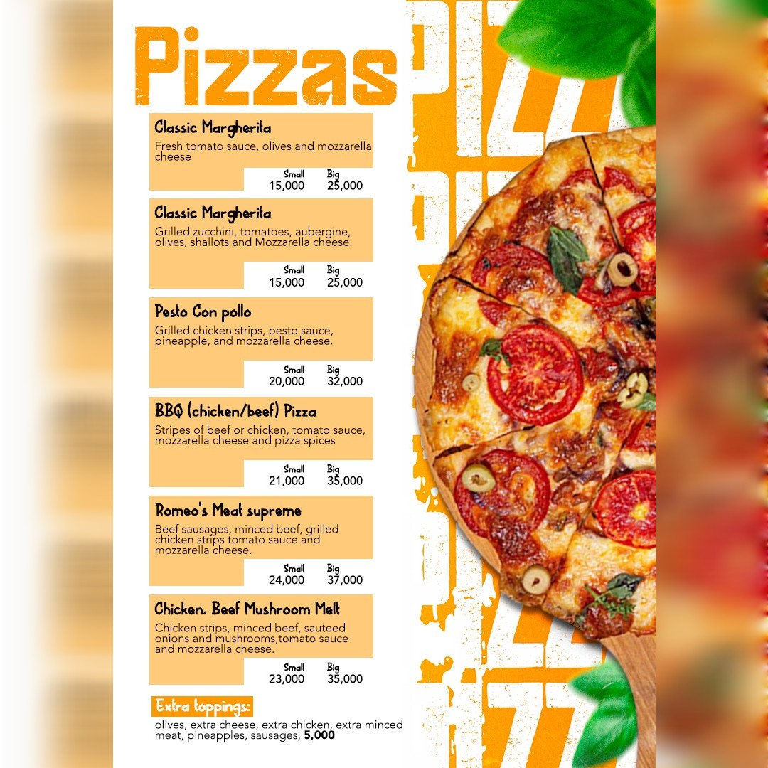 Craving a cheesy slice? Look no further than Romeo's Restaurant! Check out our menu online and call us to enjoy our buy one, get one free pizza offer! 🍕🤤
order online 👉🏾romeos.ug/menu/#pizzas
📞Romeo's Ntinda 
0392178654 /0700840252 
📞 Romeo's Luzira 
0771374348 /0702652460
