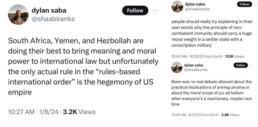 Saw this account shared quite a bit recently because of its musings about “Zionists.” Took about 5 minutes to discover that it was also pro-Hezbollah, pro-Houthi, pro-Islamic Republic, pro-attacks against civilians and anti-Ukraine.