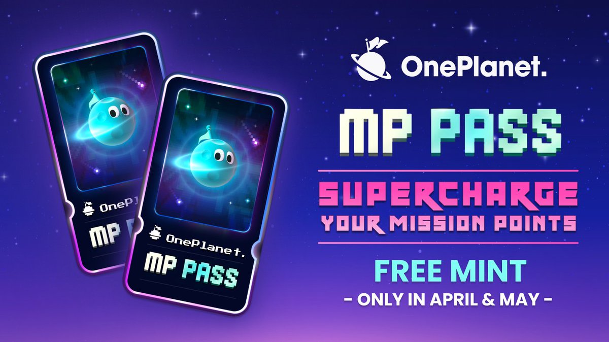 🎁 GET MORE $CH1P WITH THE MP PASS! Mint your FREE PASS to maximize your Mission Points and be ready for the OnePlanet #AIRDROP! More Passes will increase your points and your $CH1P rewards! 🪂 ▸ Mint 1 Pass per day! ▸ Only in APRIL/MAY MINT NOW: oneplanetnft.io/launchpad 👇