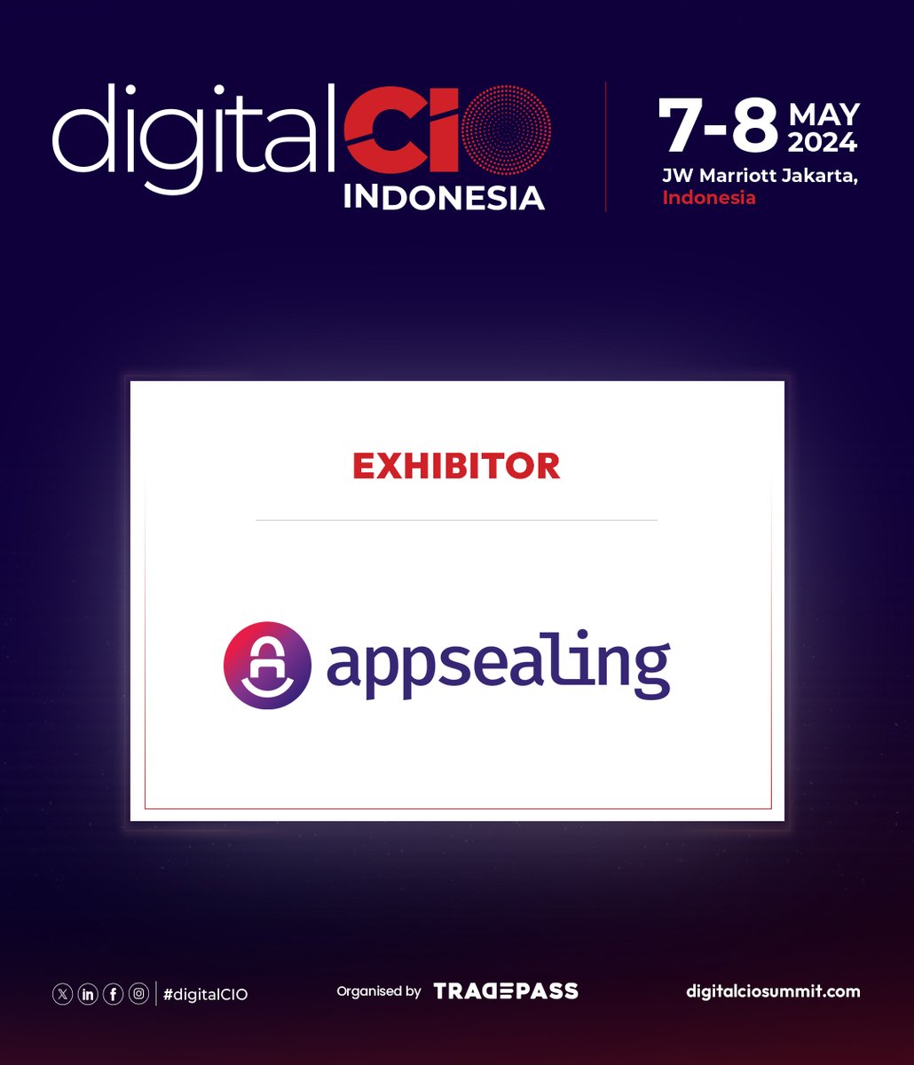 We are delighted to welcome AppSealing to digitalCIO 2024 - Indonesia! Register now to network with their team of experts, who will be showcasing their solutions at the platform: hubs.la/Q02t7s760

#digitalCIO #CIO #ITleaders #tradepass #data #AI #greentech #digitalcioevent