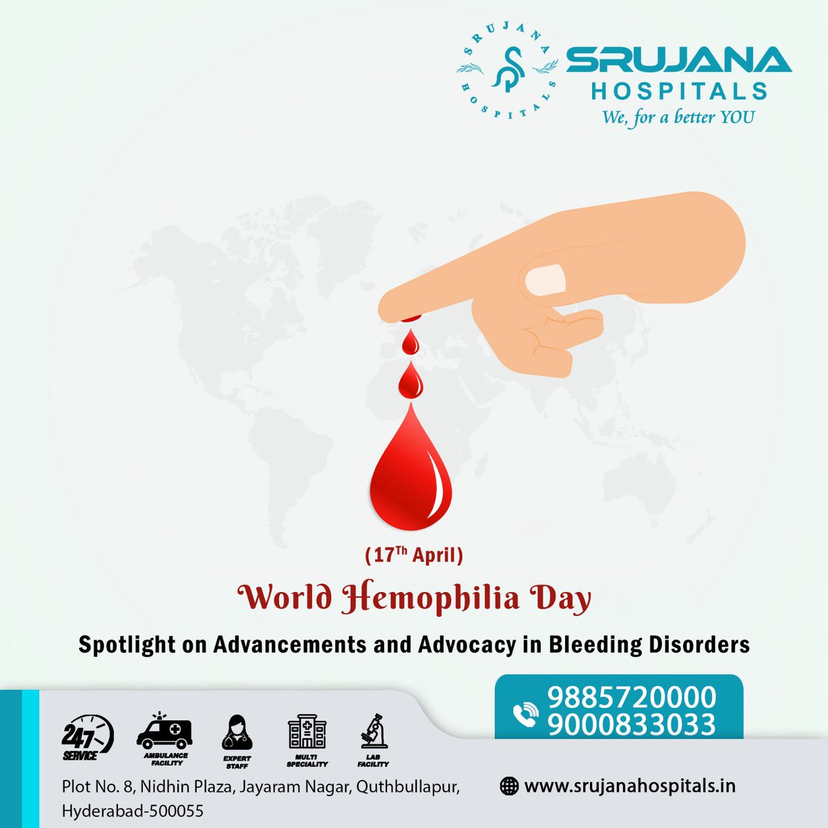 On World Hemophilia Day, let's amplify the voices of those affected and work towards a future of equality and care for all.

#WorldHemophiliaDay #WHD2024 #HemophiliaAwareness #BleedingDisorders #FactorDeficiency #TreatmentForAll #HealthyHemophilia #Srujanahospitals