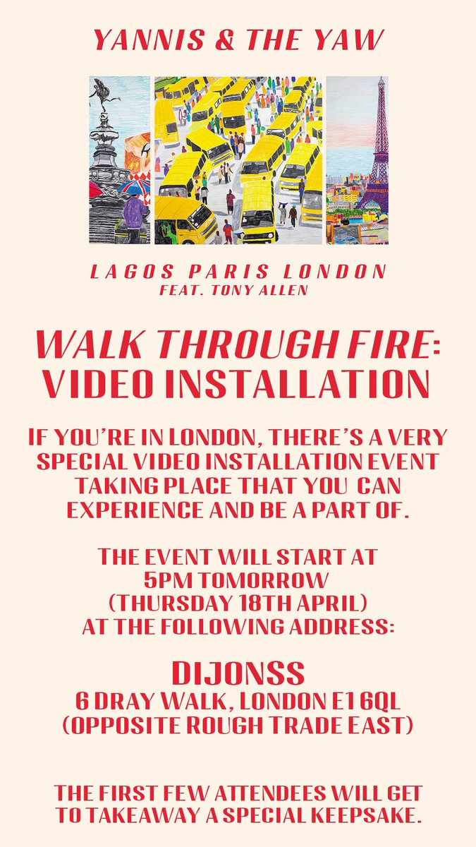 If you’re in London, there’s a very special video installation event tomorrow (Thursday 18th April) at 5pm Dijonns 6 Dray Walk, London E1 6QL (opposite Rough Trade East) The first few attendees will get to takeaway a special keepsake 🔥🔊 yannisandtheyaw.ffm.to/walkthroughfire