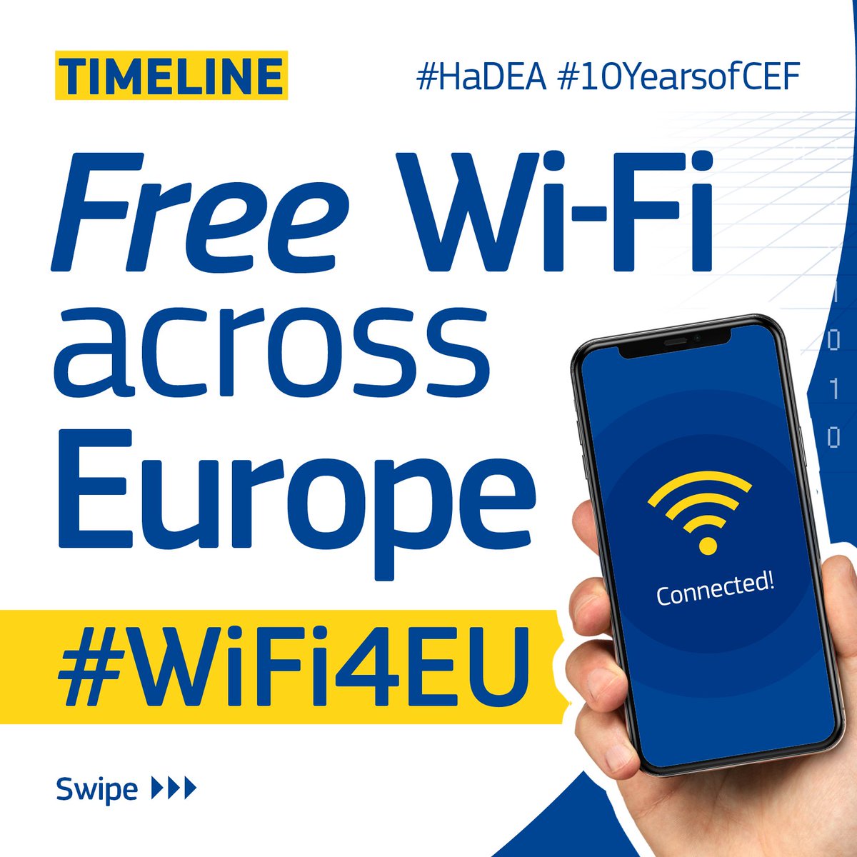 EU_HaDEA's tweet photo. 🎉#HaDEA celebrates #10YearsofCEF by putting the spotlight on #WiFi4EU, funded by #CEFTelecom programme 🇪🇺

#WiFi4EU provides free access to Wi-FI connectivity in many municipalities all around Europe by installing hotspots in public spaces 👏

#EUfunded #HighlightoftheMonth