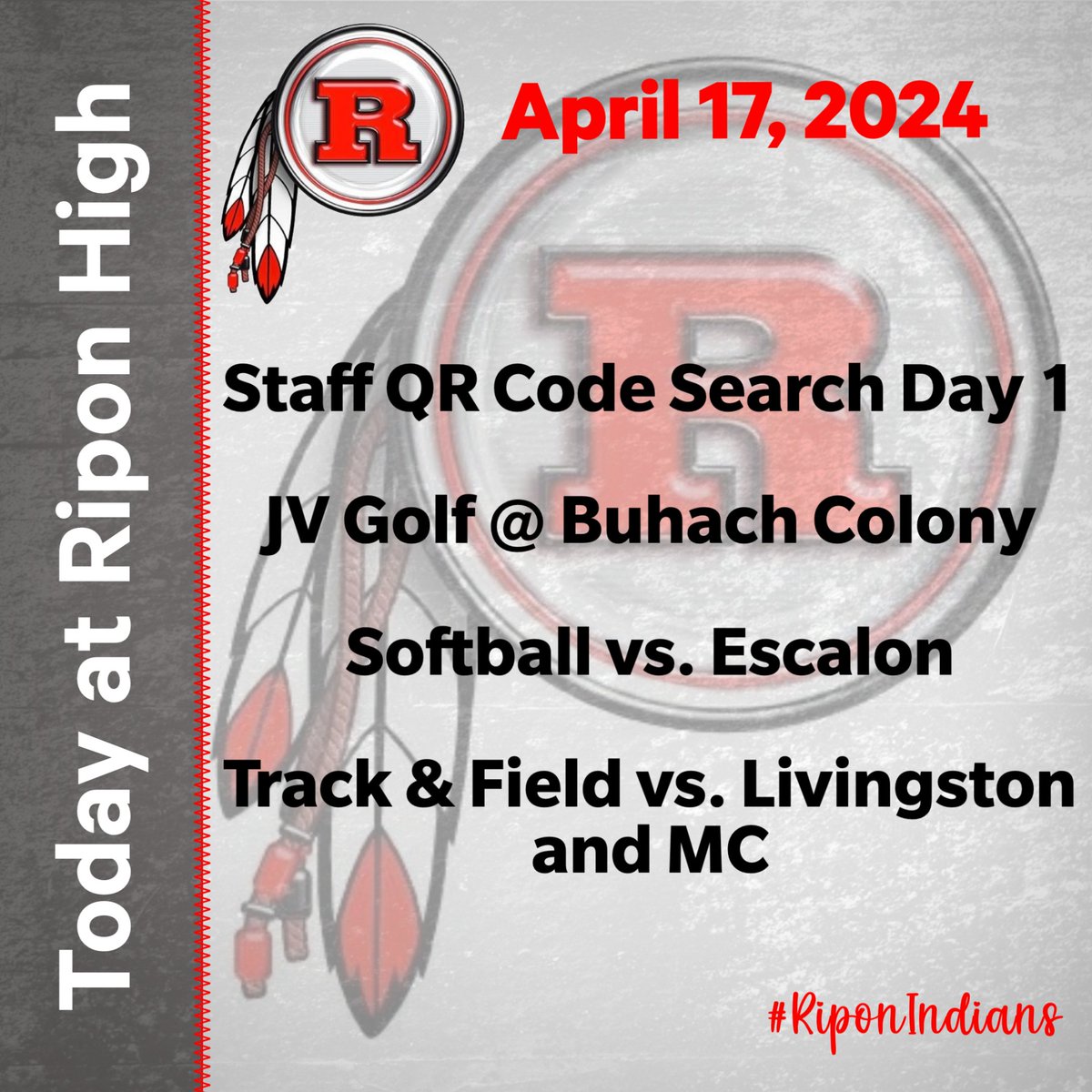 Find those QR Codes today!! Have a great day, RHS! @LHS_sports24 @BCThunderAD @escaloncougars #RiponIndians