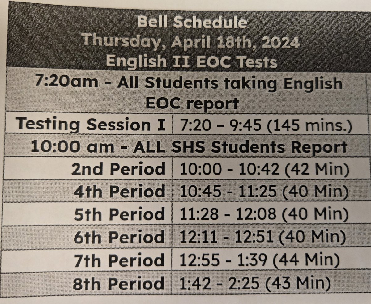 Schedule change reminder for Thursday, April 18th.  Only students taking the English II EOC need to report at 7:20.  All other students report at 10am.  Students are required to report for lunch/study hall.