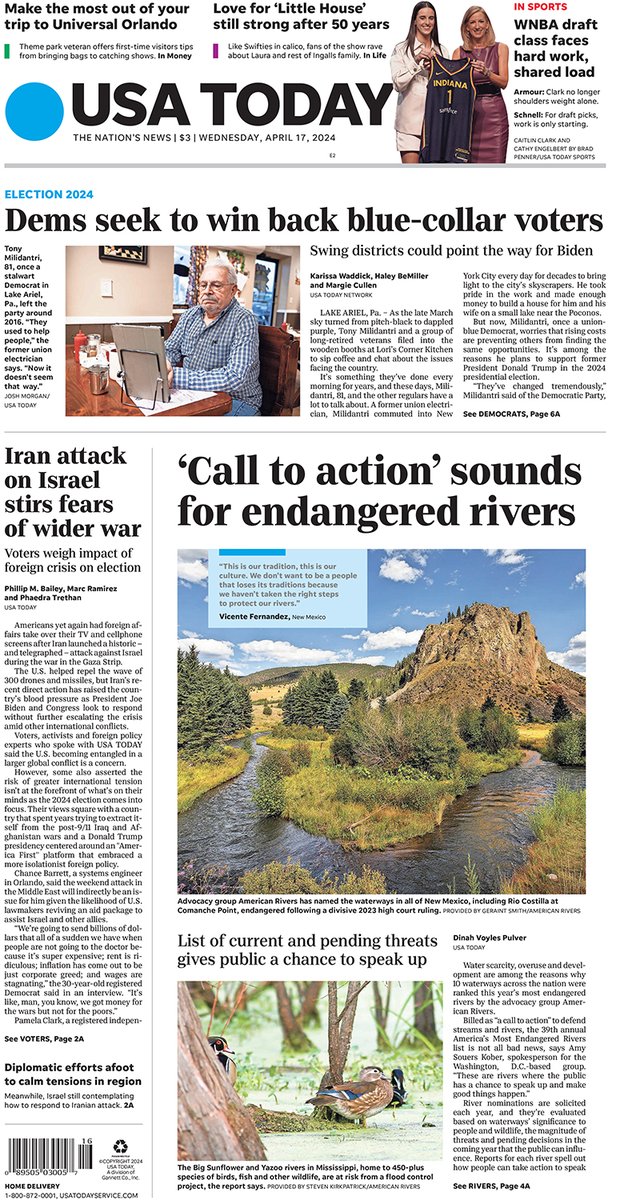 In Wednesday’s paper: - Dems seek to win back blue-collar voters - Iran attack on Israel stirs fears of wider war - ‘Call to action’ sounds for endangered rivers