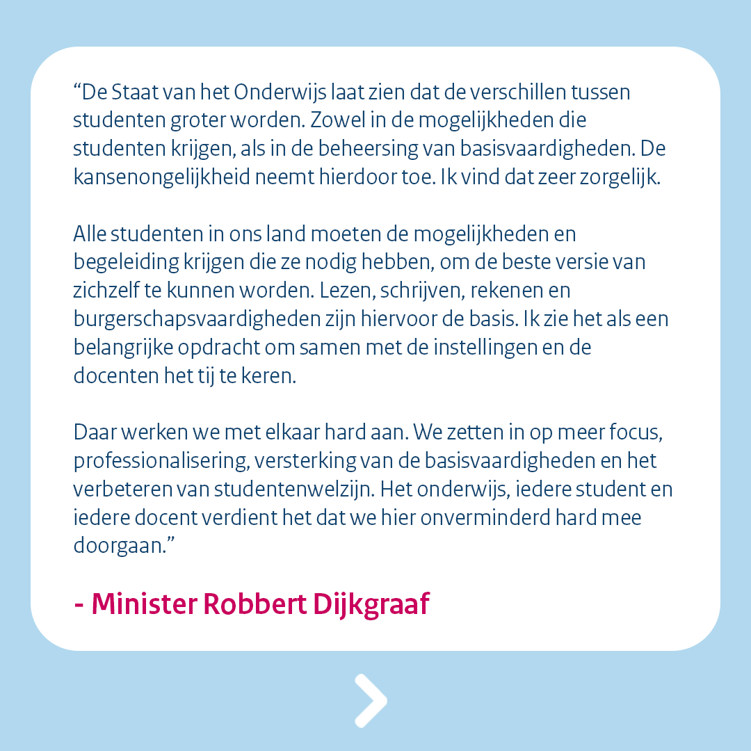 MinOCW's tweet photo. We blijven keihard werken aan beter onderwijs. Het verbeteren van de basisvaardigheden, aandacht voor mentaal welzijn en de aanpak van het lerarentekort zijn hierin belangrijke thema's. Dat is broodnodig, concludeert de Inspectie in haar Staat van het Onderwijs 2024. ⤵️ https://t.co/4QNC062iRF
