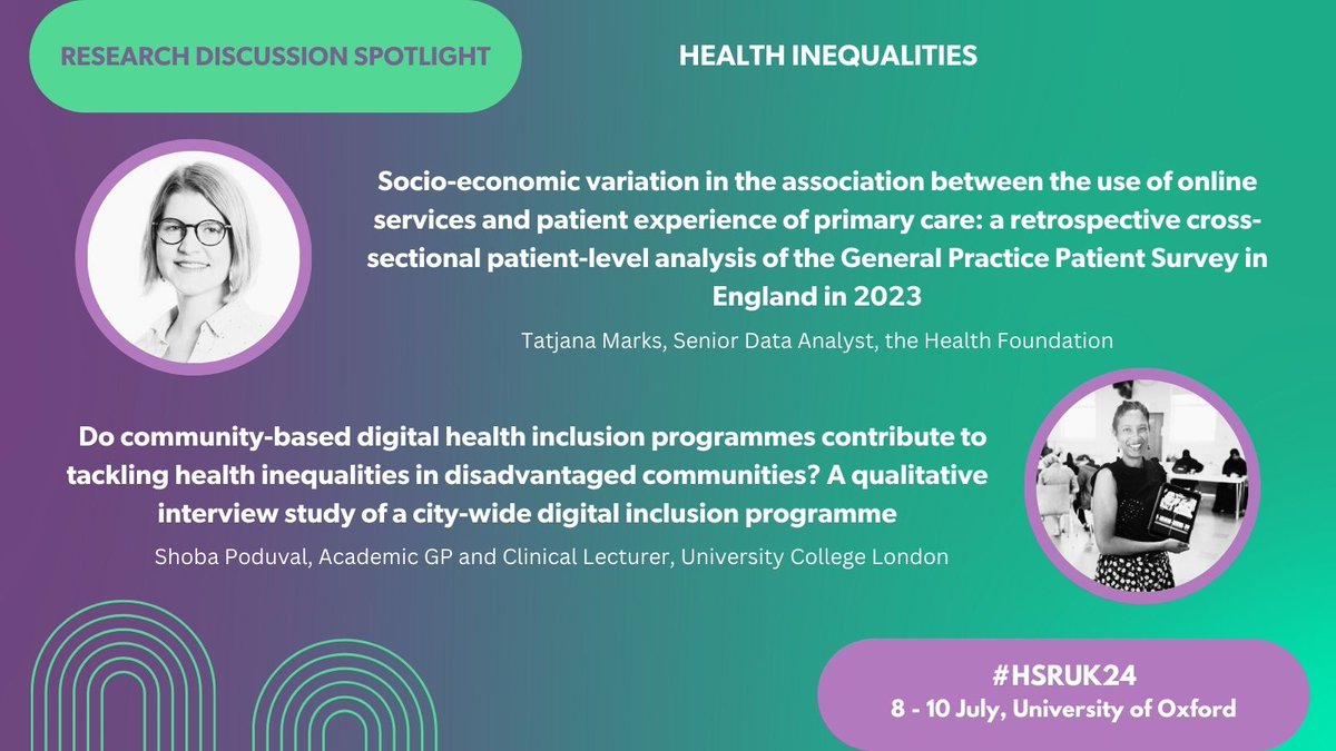 📍Join us at #HSRUK24 to hear from Tatjana Marks and Shoba Poduval as they share their innovative research as part of our Health Inequalities stream! There's still time to grab your Early Bird tickets before 26th April at hsruk2024.org Don't miss out!