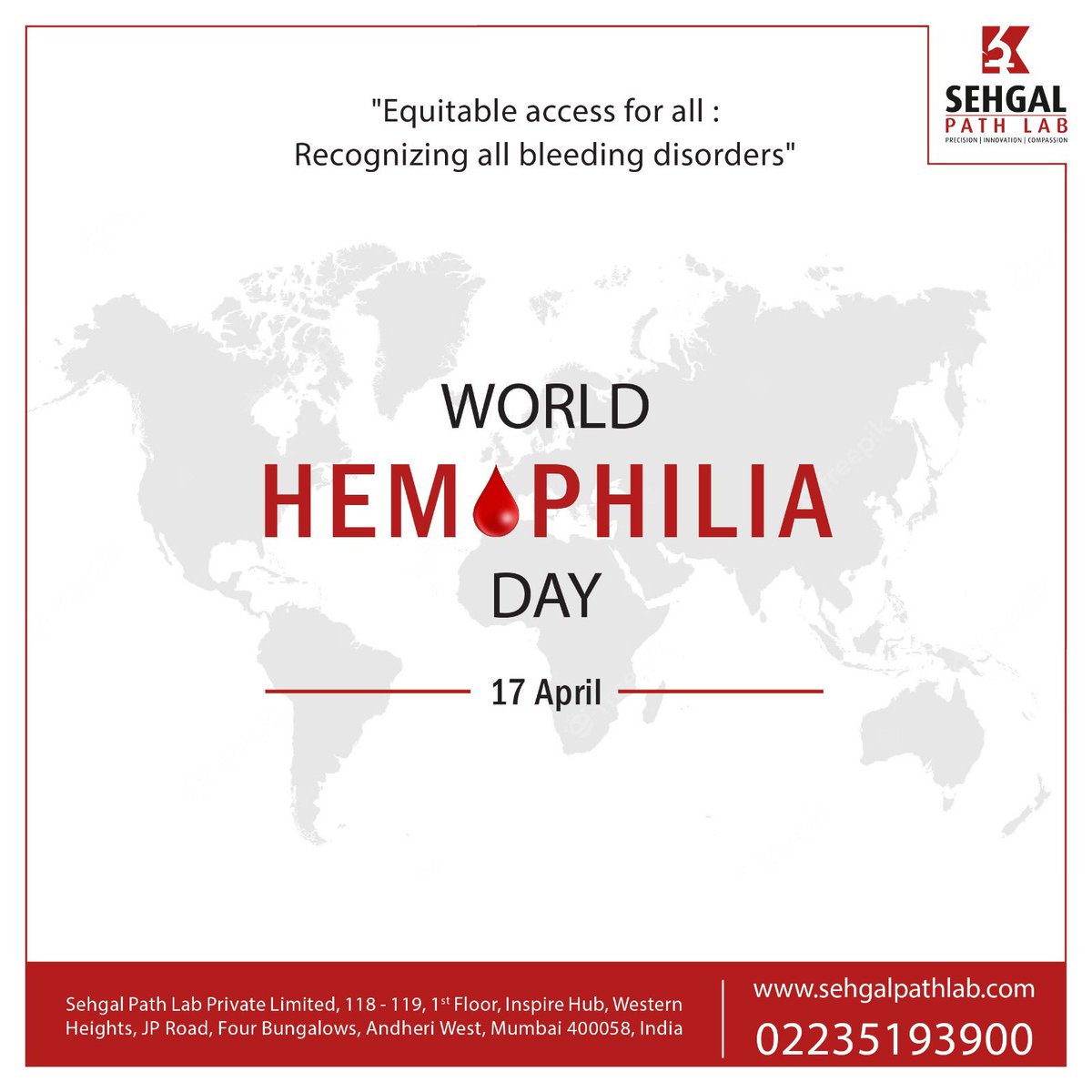 Spread awareness about Haemophilia  “Equitable access for all: recognizing all bleeding disorders' #worldhemophiliaday #hemophilia #hemophiliaawareness #hemophiliaday #blood #health #wellness #healthyliving #accessforall #sehgwlpathlab