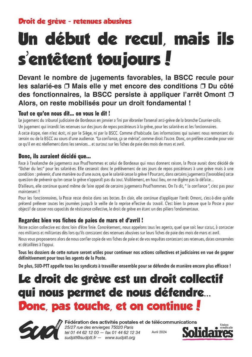 Droit de grève - retenues abusives. Un début de recul, mais la direction de La Poste s'entête toujours !