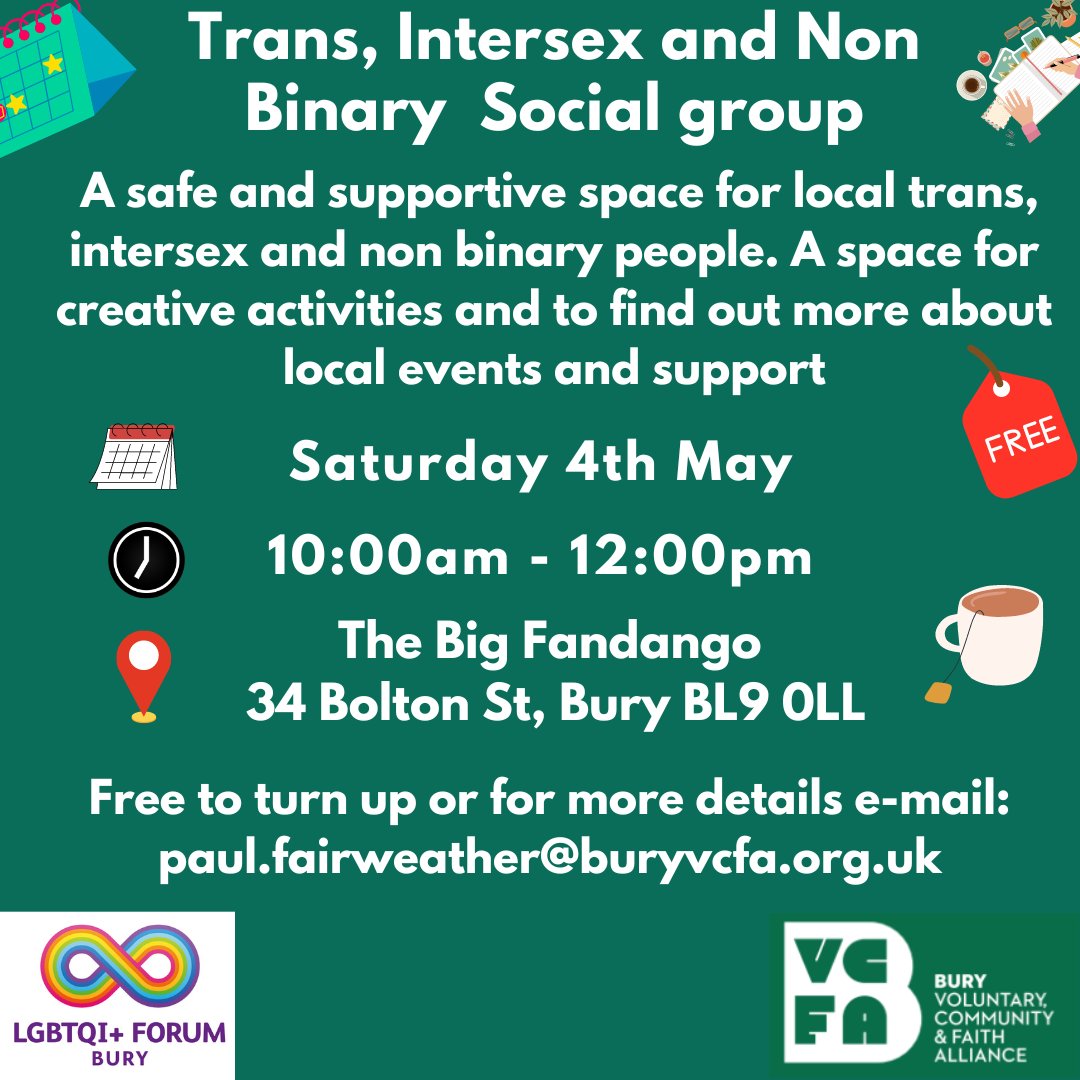 🏳️‍⚧️ Join The Trans, Intersex, and Non-Binary Social Group at Big Fandango, Bury on Saturday, May 4th, 10am-12pm🌈 Discover a safe, supportive space for local individuals to unlock your creativity, connect with like-minded people and access to events and support.
