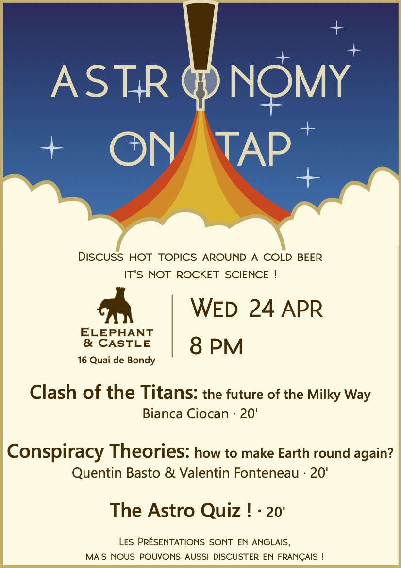 obslyon's tweet photo. 🍺 ASTRONOMY ON TAP
La prochaine soirée d'#AoT à Lyon (@aotlyon) aura lieu mercredi prochain (24/04) à l'Elephant & Castle dans le Vieux #Lyon. RDV à 20 h pour assister aux présentations des astronomes du #CRAL et faire des jeux sur l'#astronomie.
➡️ https://t.co/gruaDgC8u6 https://t.co/XJ6bKipcOk