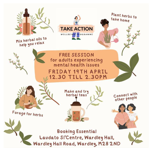 Relaxation Session in Nature, Fri 19th April, 12.30-2.30pm, Wardley Hall
The session will focus on growth and take a deep dive into the world of herbs. Make and trying herbal teas, mix your own relaxing herbal oils and plan a mini herb garden. 

Book now: lght.ly/j12fn77